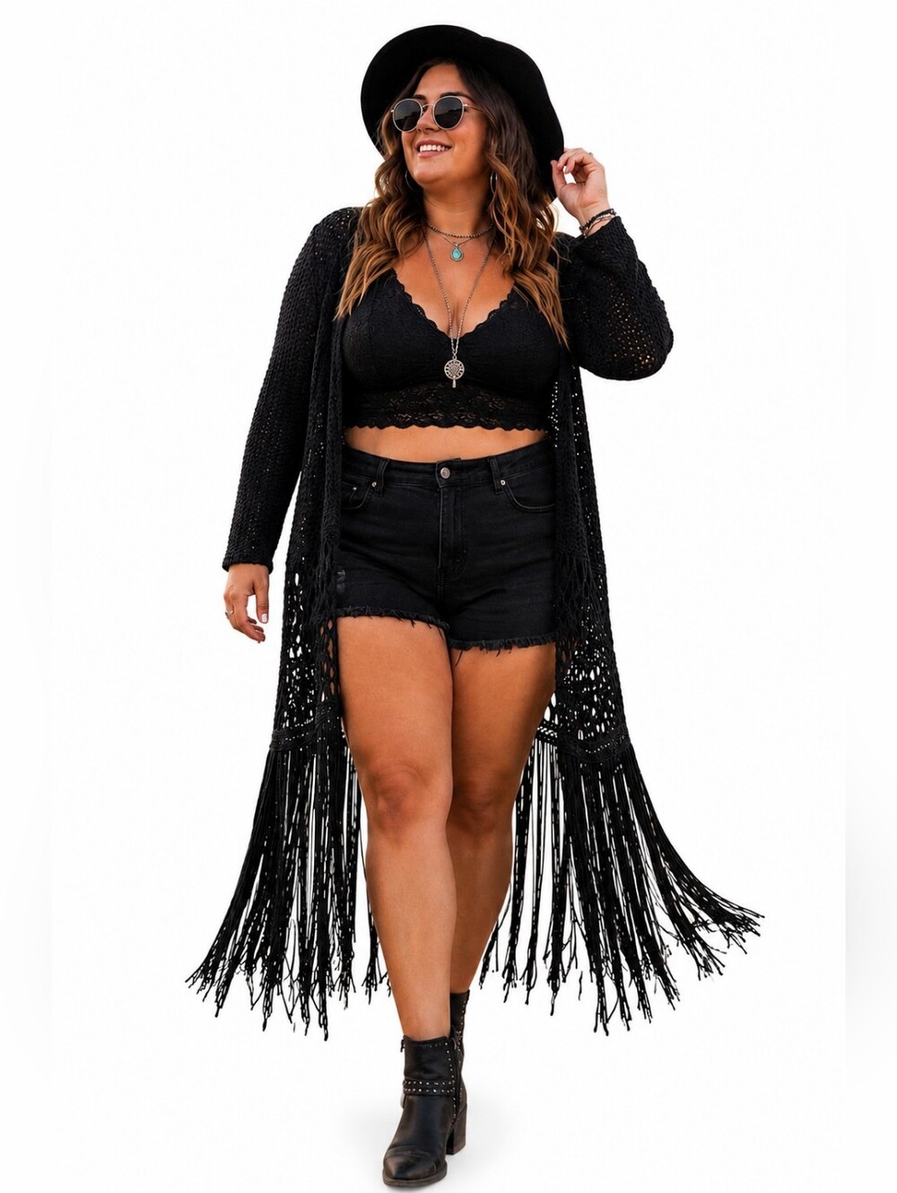 Lilian NWT Plus 2X Black Cotton Fringe Duster Cardigan Boho Festival Open Knit